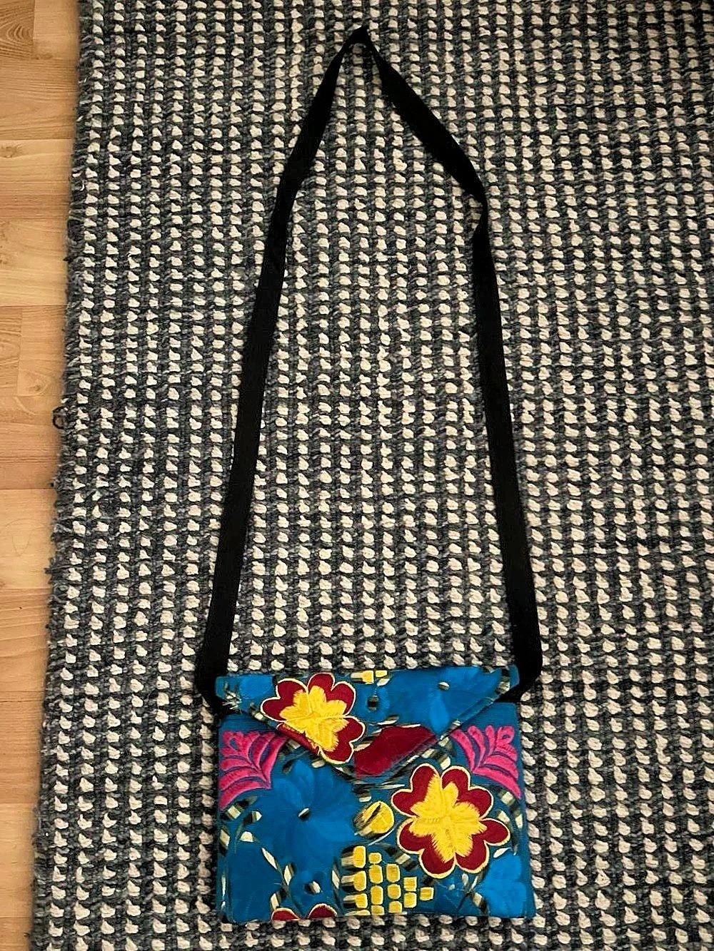 Floral Embroidered Crossbody Bag in Blue & Red